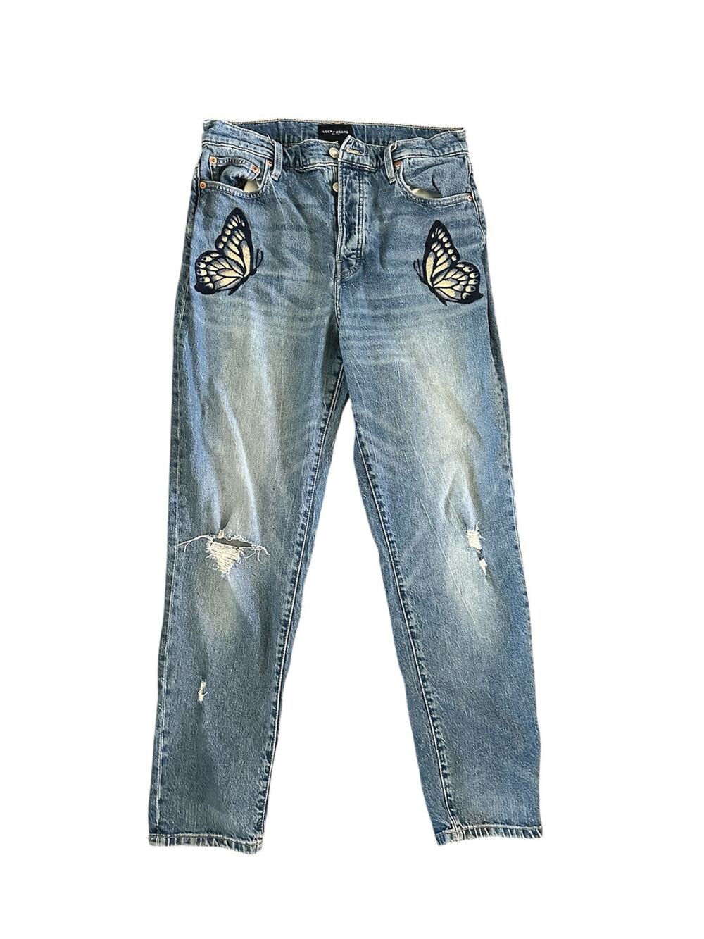 Lucky Jeans embroidered butterflies blue denim 12 31 women high rise mom button